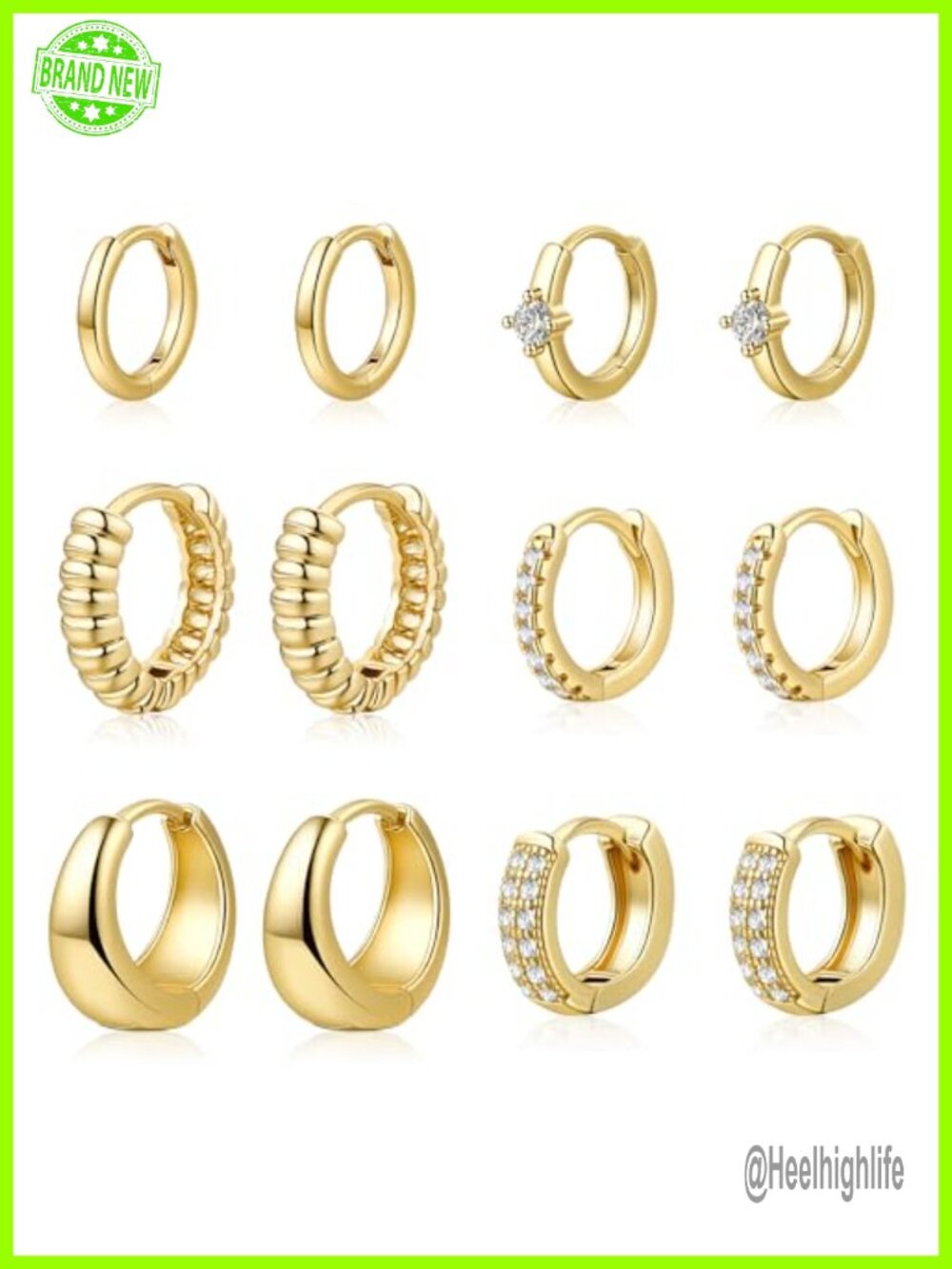 6 Pair 14K Gold Plated Hoop Earrings Set Hypoallergenic Lightweight Huggie Hoops